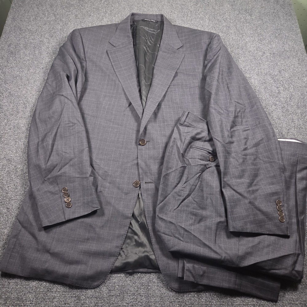 Canali Suit Mens 46L Gray WIndowpane 100% Wool Made in Italy Pants 36x33 Pleated